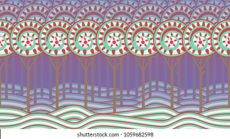 Seamless cartoon forest background. Celtic illustration. Fairytale background for animations or 2d games.