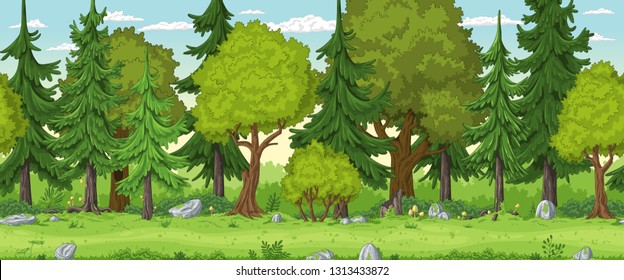 Seamless Cartoon Forest Landscape. Hand Draw With Separate Layers.