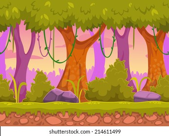 Seamless cartoon forest landscape, vector unending background with ground, bushes, trees and sky layers