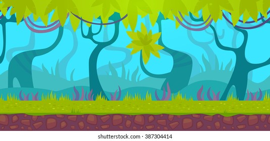 Seamless cartoon forest landscape, vector unending jungle background for casual game level. Bright colorful view of dense forest.