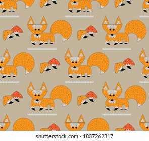 Seamless Cartoon Fox Pattern. Vector Illustration on Light Background.