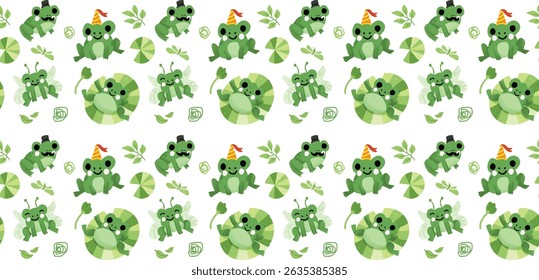 Seamless cartoon frog pattern with cute frogs and nature elements. Perfect for kids products, fabric, wallpaper and playful design projects.