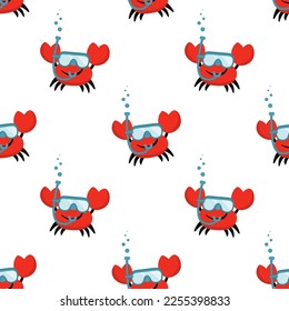 Seamless cartoon funny smiling crab with swimming mask and bubbles