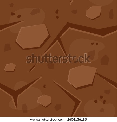 Seamless cartoon game ground texture forming a repeating pattern, representing a stylized surface with cracks, rocks, and dirt, suitable for game level design or background