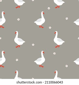 Seamless cartoon geese pattern. Cute goose simple print in flat style. Vector illustration