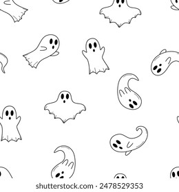 Seamless cartoon ghost pattern. Vector doodle illustration. Halloween haunted background.