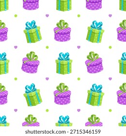 Modelo inconsútil de la caja de regalo de la historieta con la cinta y el lazo. Celebración en Festiva con regalos y alegres paquetes para coloridos eventos. Envoltura sorpresa perfecta para fiestas.