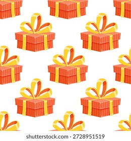 Patrón de caja de regalo de dibujos animados sin costuras en espíritu de vacaciones. Los Elementos actuales cuentan con cintas y lazos para evocar la alegría del cumpleaños. Ideal para decoraciones sorpresa y temas de envoltura.