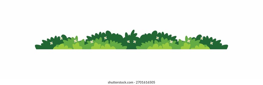 Seamless cartoon green bush vector divider with white flowers. Decorative element for nature borders, game assets, and horizontal designs