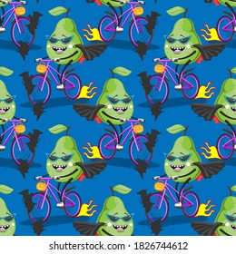 seamless cartoon green pear rides bike and Halloween bats on blue background. Vector image eps