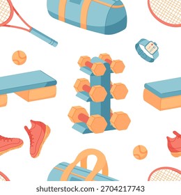 Seamless cartoon gym equipment pattern. A colorful layout of sport tools and accessories for workout and fitness activities. Perfect for training themes, seamless decoration, active lifestyle