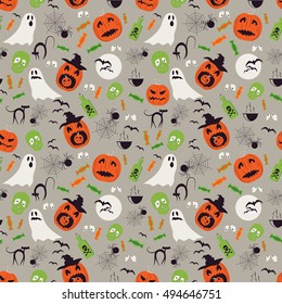 Seamless cartoon Halloween pattern. Halloween ghosts, spiders network and pumpkin characters. Halloween texture.