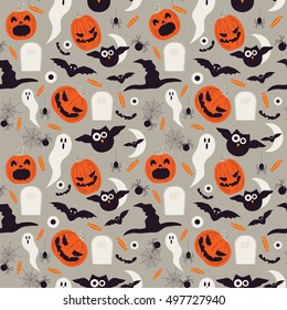 Seamless cartoon Halloween pattern. Halloween ghosts, bats and pumpkin boo characters