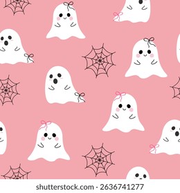 Seamless cartoon halloween pattern in pink background. Pink Halloween ghost with bows vector in flat style. Vector illustration for background.