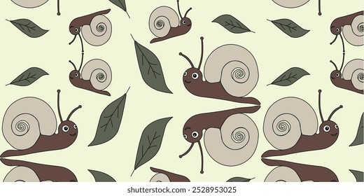 Plano de fundo desenhado à mão de desenho contínuo com caracol e folha.   Ilustração em estilo de desenho animado infantil em cores retrô moderadas. Ilustração de vetor desenhada à mão.