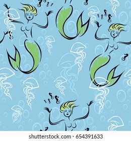 Seamless cartoon hand drawn background with funny and colorful sea mermaids