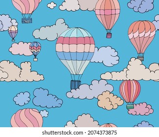 Seamless cartoon hand-drawn pattern with colorful clouds