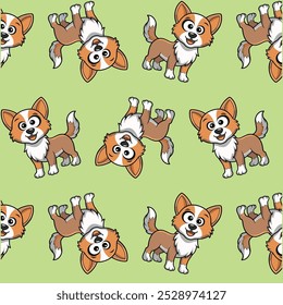 Seamless cartoon hand-drawn pattern with a dog on a green background.   Background for packaging, wrapping paper, textile, baby fabric and clothing. Hand drawn vector illustration.