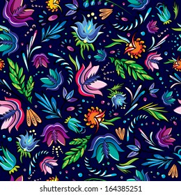Seamless cartoon hand-drawn pattern with flowers. Endless floral pattern. Can be used for wallpaper, pattern fills, web page background,surface textures, textiles. 