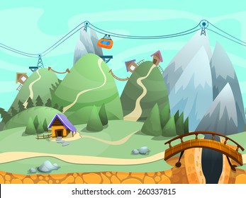 Seamless cartoon hills landscape, vector unending background with ground, hills,  mountains  and sky layers.