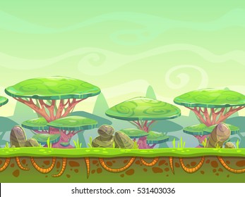 Seamless cartoon horizontal landscape with fantasy plants and stones. Separated layers for parallax effect in animation. Vector outdoor illustration for game design.