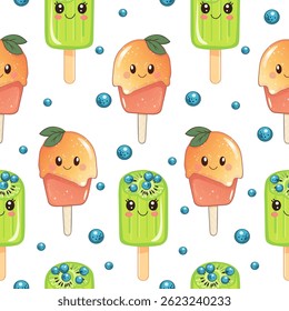 Seamless Cartoon Ice Cream Pattern with Kiwi and Peach. Cute Vector Background with Smiling Popsicles and Berries