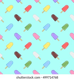 Seamless cartoon ice cream pattern. Vector illustration. Texture. Repeating image. Chocolate and fruit ice cream. Purple, red, pink, brown, yellow, green, blue, cyan colors. Eps 8.