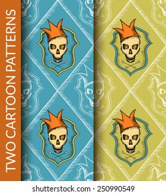 Seamless cartoon joker skull patterns. Hand drawn, no clipping mask and gradients. 