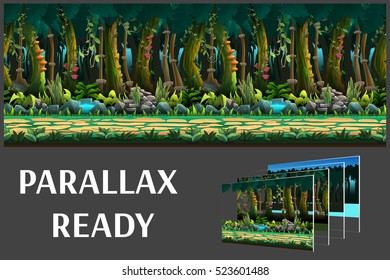 Seamless cartoon jungle landscape, vector unending background with separated layers for game.