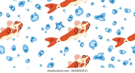 Seamless Cartoon Koi Fish Pattern. Seamless pattern with orange koi fish, blue water drops, bubbles and starfish. Flat cartoon style, top view, colorful elements on white background.








