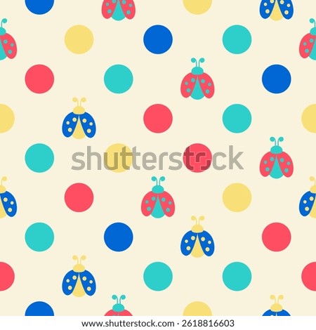 Seamless cartoon ladybug insect pattern. Cute bug and dot vector design for fabric, wallpaper, stationery, wrapping, cards, and phone cases.