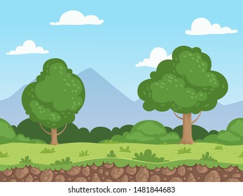 Seamless cartoon landscape. Parallax nature panorama ground with grass trees and rocks vector background