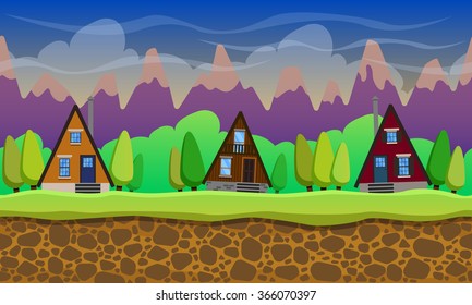 Seamless cartoon landscape trees and  houses. Vector unending background with separated layers. Vector illustration.