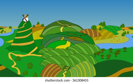 Seamless cartoon landscape, vector unending background with grass, bushes, trees and evening sky layers 3