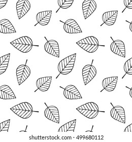 Seamless cartoon leafs pattern. Black stroke. Autumn leaf. Vector illustration. eps8. Repeating image. White background.