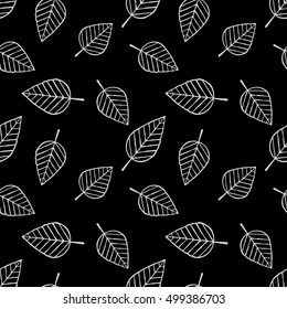 Seamless cartoon leafs pattern. White stroke. Autumn leaf. Vector illustration. Black and white colors. eps8. Repeating image.