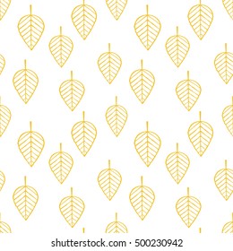Seamless cartoon leafs pattern. Yellow stroke. Autumn leaf. Vector illustration. eps8. Repeating image. White background.