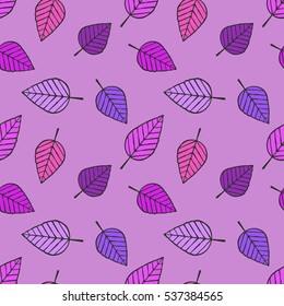 Seamless cartoon leaves pattern. Autumn leaf. Vector illustration. Pink, magenta, red, violet, purple colors. eps8 Autumn fond. Cartoon background, 