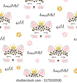 Seamless cartoon leopard princess pattern. Baby print, kids textile.