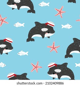 Seamless cartoon little whale sailor pattern. Baby print.