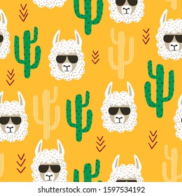 Seamless cartoon llama and cactus pattern. Print for kids in bright colors.