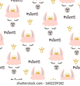 Seamless cartoon llama princess pattern. Baby print, kids textile.
