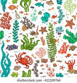 Seamless cartoon marine pattern. Bright summer vector illustration. Various shell, algae, fish, starfish, bottle with a letter, key on white background. 
