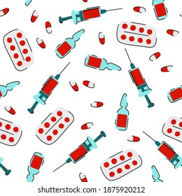 Seamless Cartoon Medical Vaccination pattern. Syringe, ampoule, tablets, pills on white background. Cute vaccine, drug therapy, treatment, antibiotics, pharmaceutical sign. Vector pharm illustration