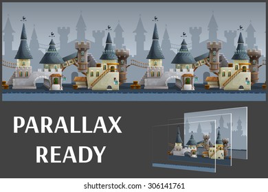 Seamless cartoon medieval city landscape, vector unending background with separated layers for game.