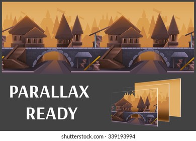 Seamless cartoon medieval city landscape, vector unending background with separated layers for game.