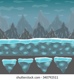 Seamless cartoon mountain landscape. Vector unending background with separated layers ready for game and animation. Vector illustration. 