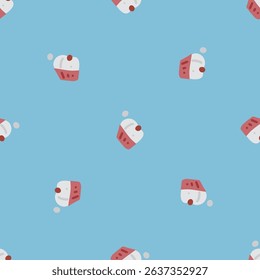 Seamless Cartoon Muffin Blue Pattern. Cute red muffins with white frosting and cherries arranged in seamless pattern on blue background. Flat cartoon style with minimalistic and playful look.