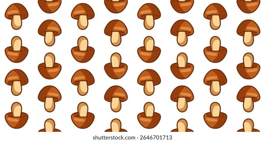 Seamless Cartoon Mushroom Pattern. Brown mushrooms in a seamless cartoon flat style. Warm autumn colors, isolated on white background.