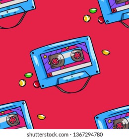 Seamless Cartoon Music Cassettes and dragees pattern on red background .
Colorful music tape and sweets.